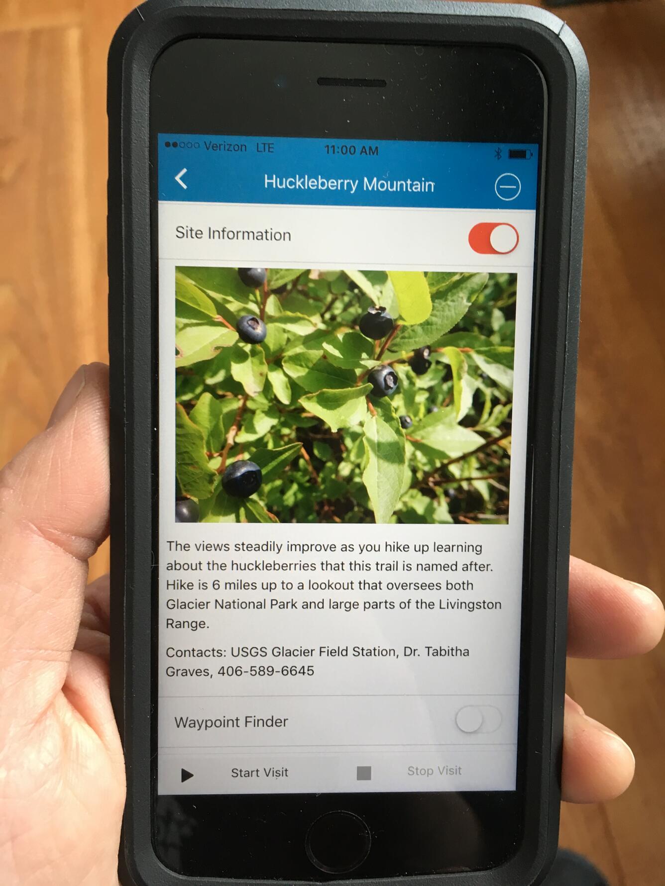 Screen shot of ScienceCache mobile application's site information.  