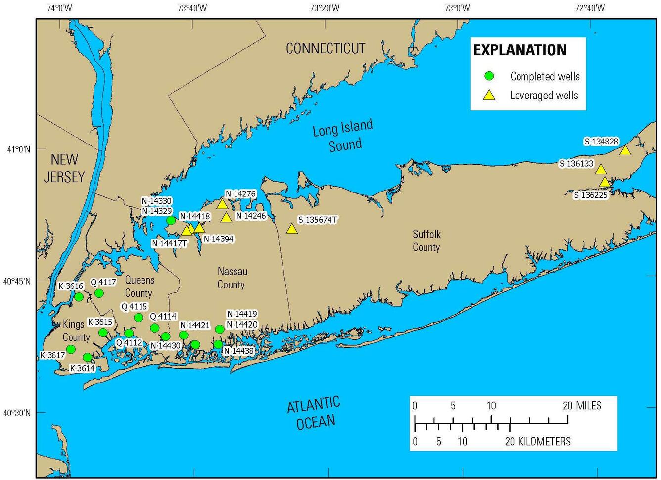 green and yellow dots and labels on map of Long Island