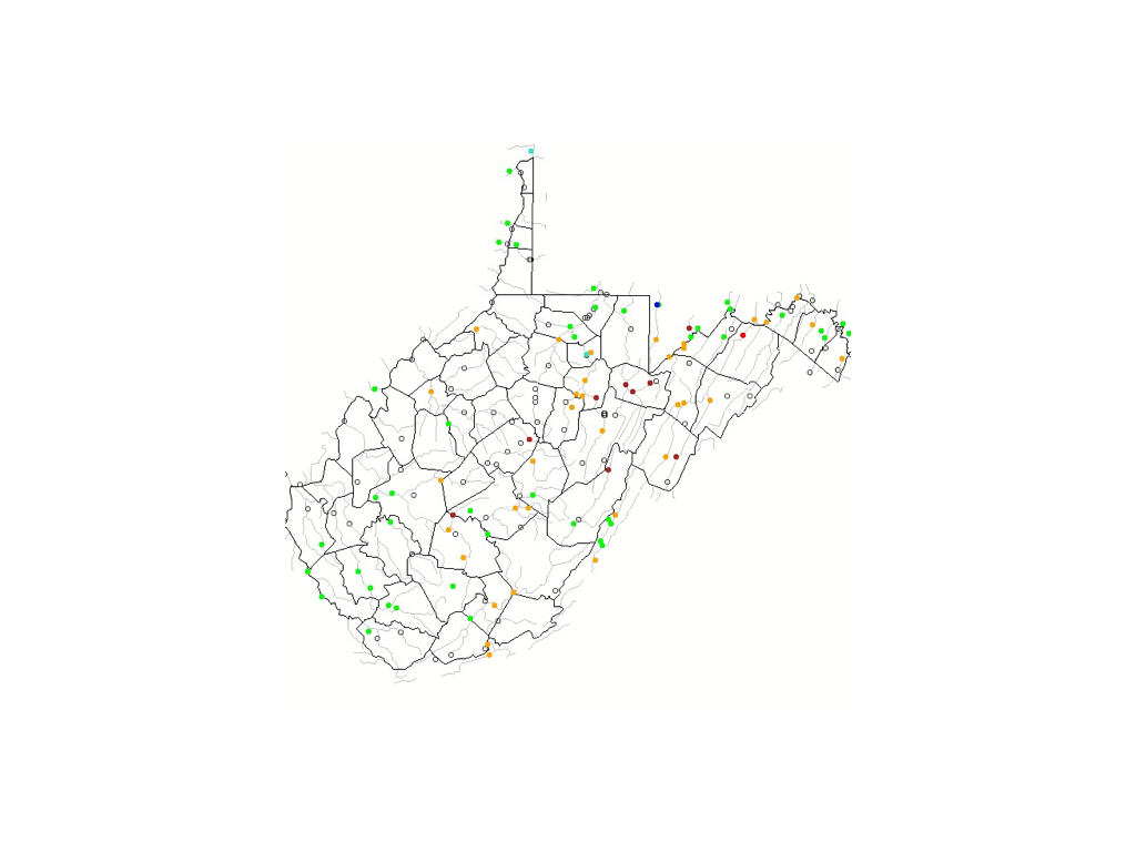 West Virginia State Map Showing Streamgage Locations with White Boarder