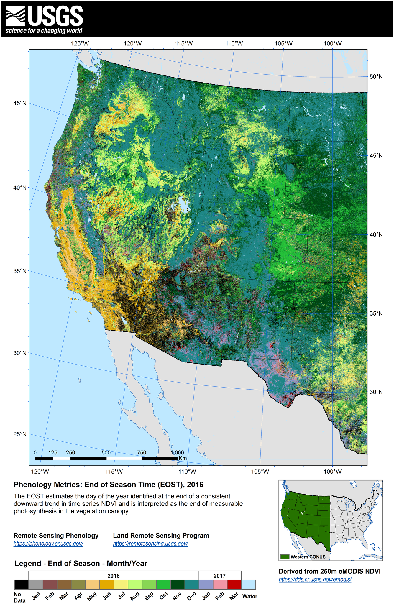 color image of the Start of Season NDVI for the Western U.S. for 2016
