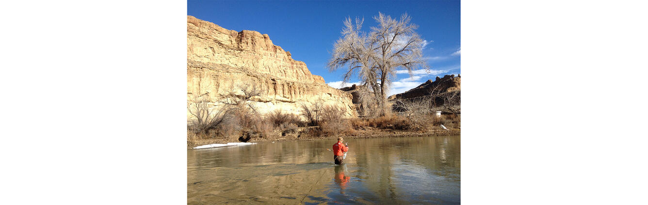 Scientist wades the White River to collect composite water sample from stream cross section