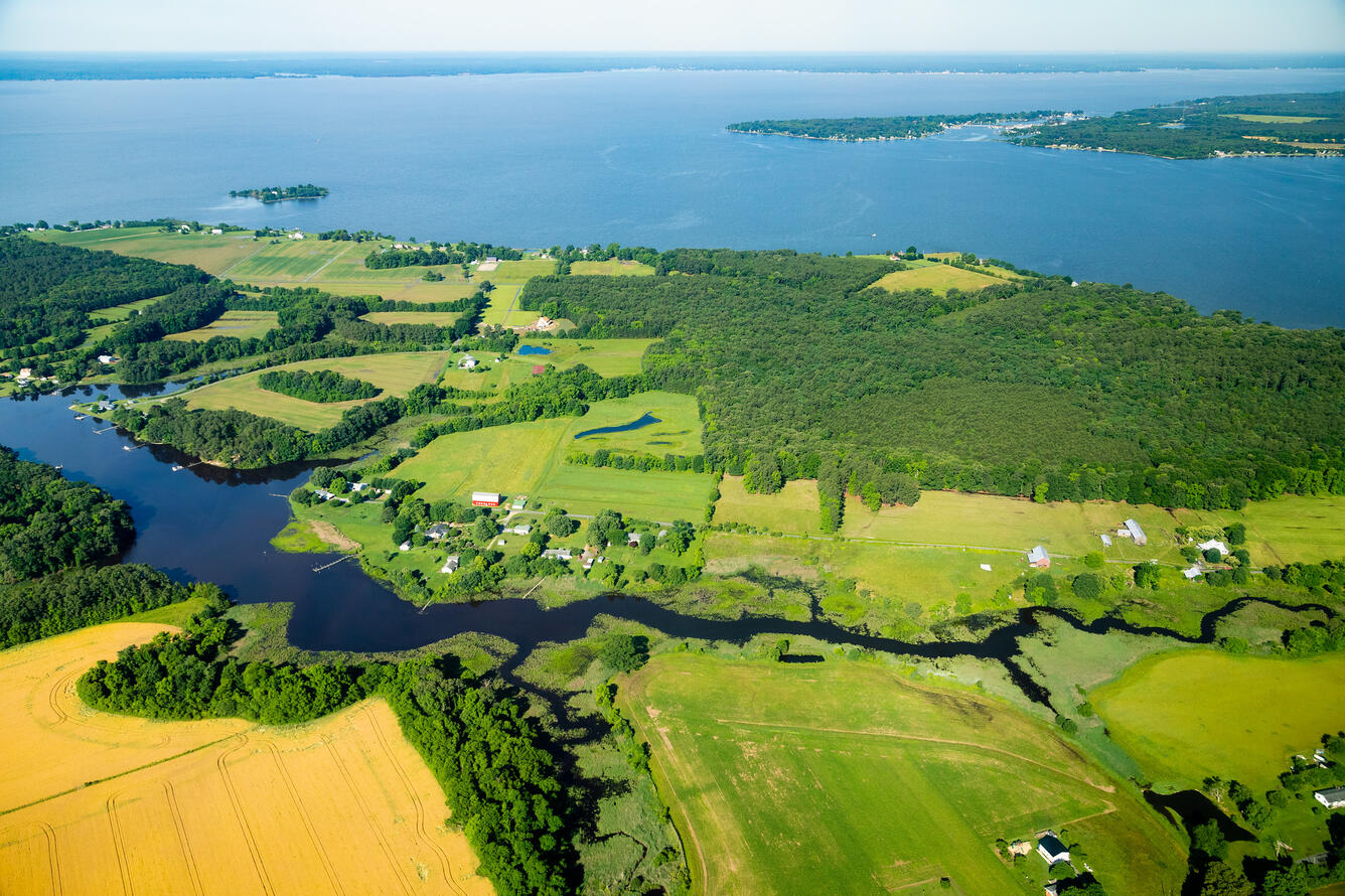 The Wicomico River, top, and Whites Neck Creek, bottom, flow toward the Potomac River in Charles County, Md.