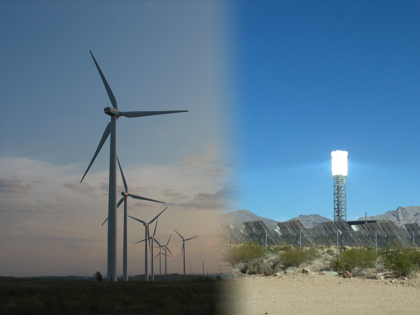 wind farm on left and solar power tower on right