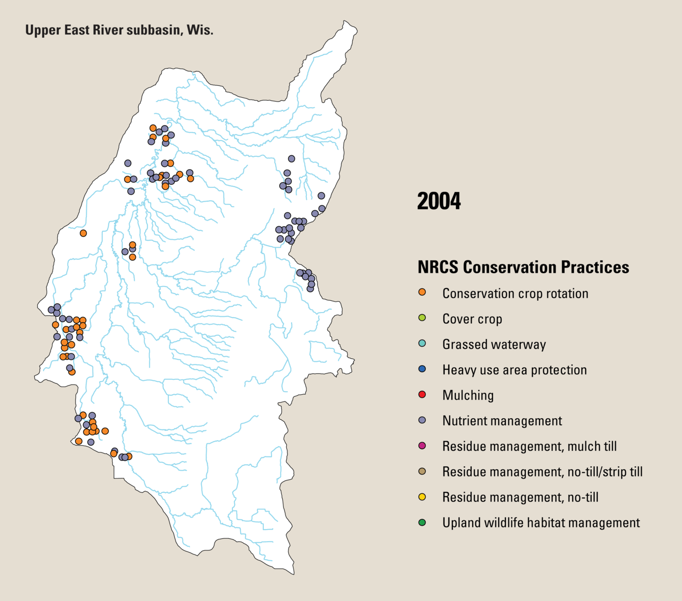 Animated illustration of yearly implementation of NRCS conservation practices in the Upper East River subbasin, Wis., 2004-2010.