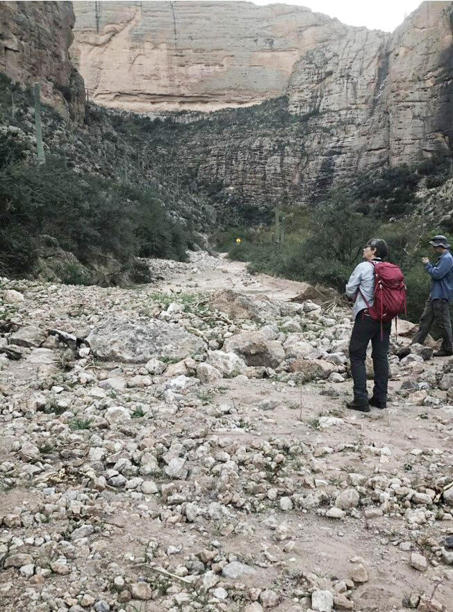 person standing in dry debris-flow bed with rocks and small boulders