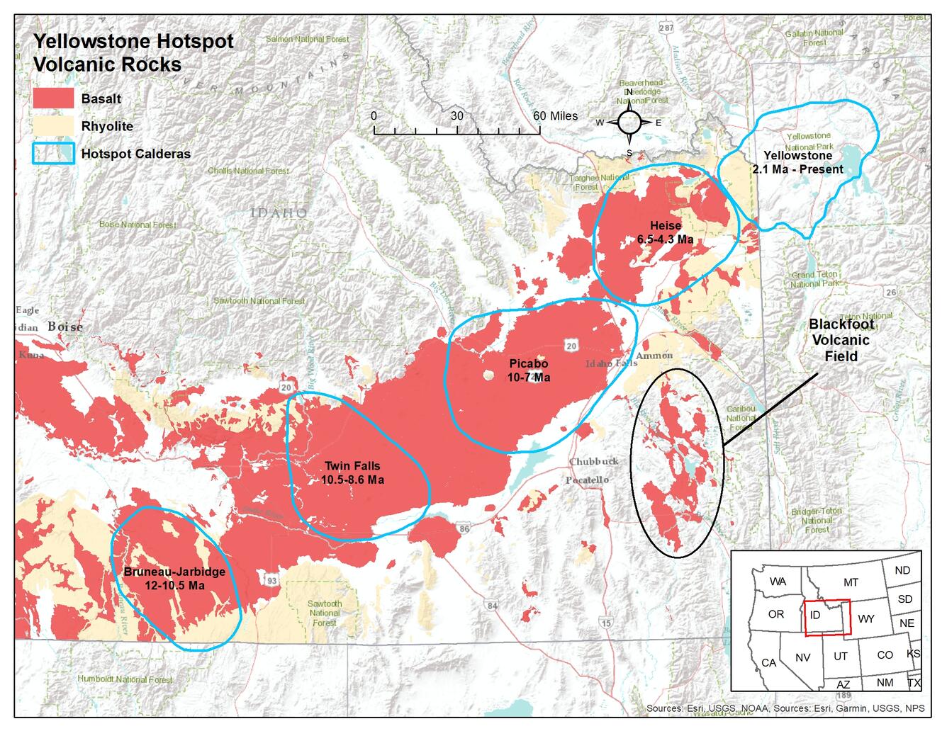 Map of southeastern Idaho showing volcanic rocks related to the Yellowstone hotspot.