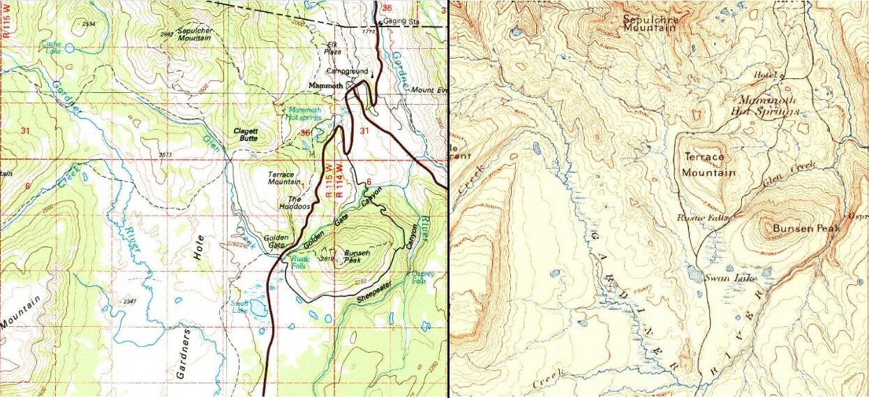 Left: Yellowstone National Park topographic map from 1983. Right: Yellowstone National Park topographic map from nearly a centur