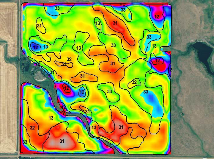 The image above shows a 2013 corn field, overlaid with Miller’s zone map. Zone 31 is the best soil followed by 32 then 33, 13, 1