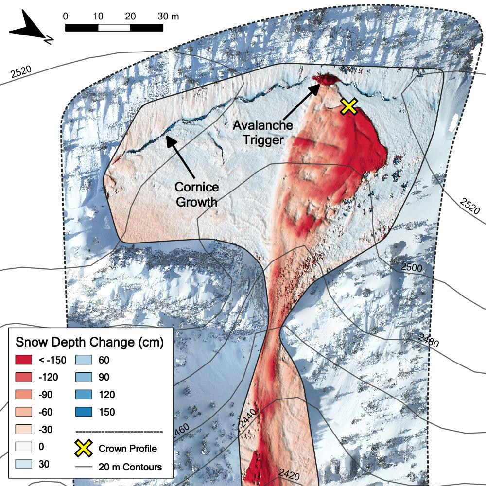 Map of snow depth overlaid with avalanche path