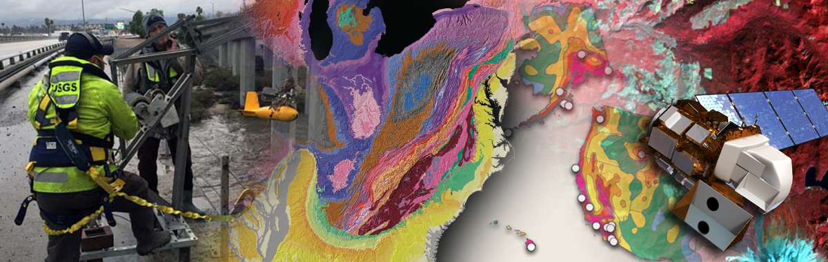 Mix of images including the earthquake map, geologic map, landsat imagery, landsat satellite, scientists deploy streamgauges  