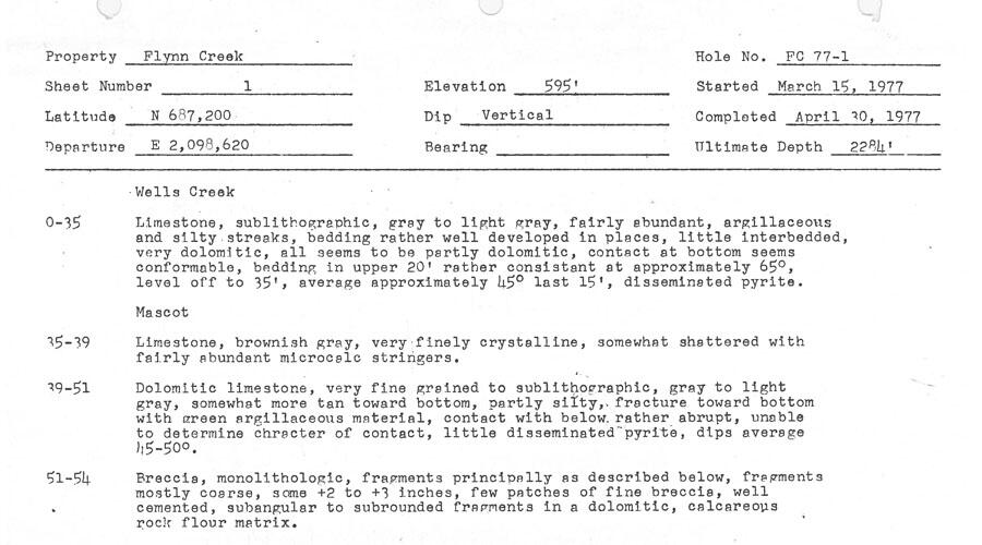 Original core log entry for Flynn Creek drill hole number 1.