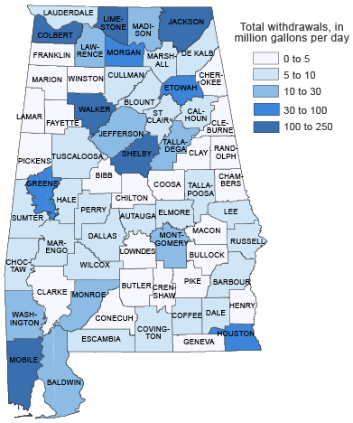 Water use, by county, in Alabama, 2005