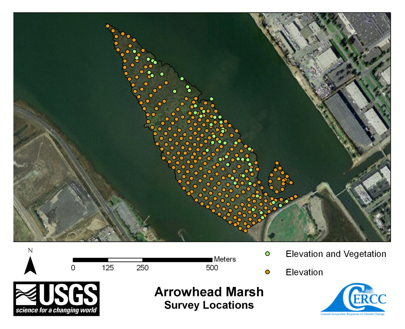 Map of elevation sampling point locations at Arrowhead Marsh