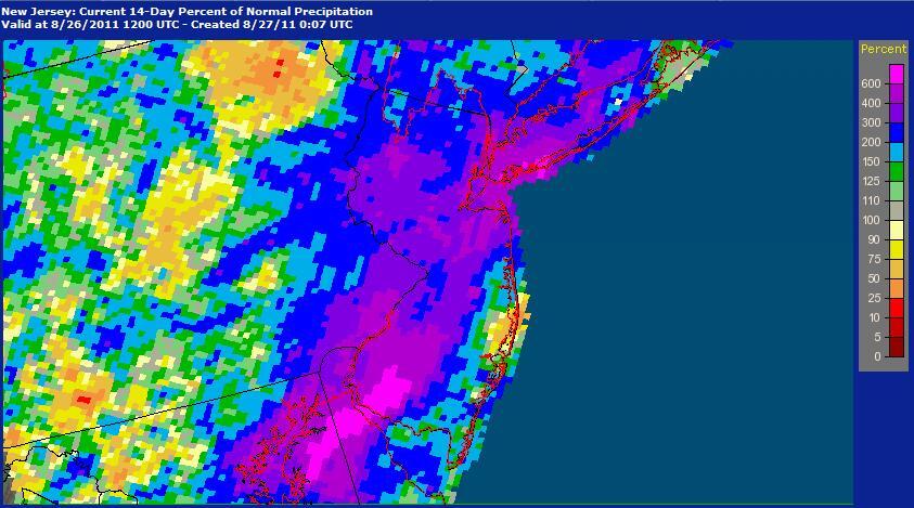 Color Map of Rainfall in the weeks preceding Hurricane Irene