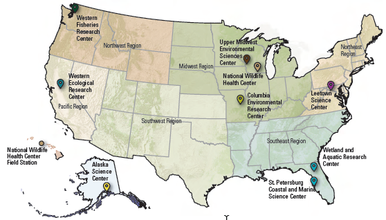 USGS science centers conducting aquatic animal health research are located throughout the country