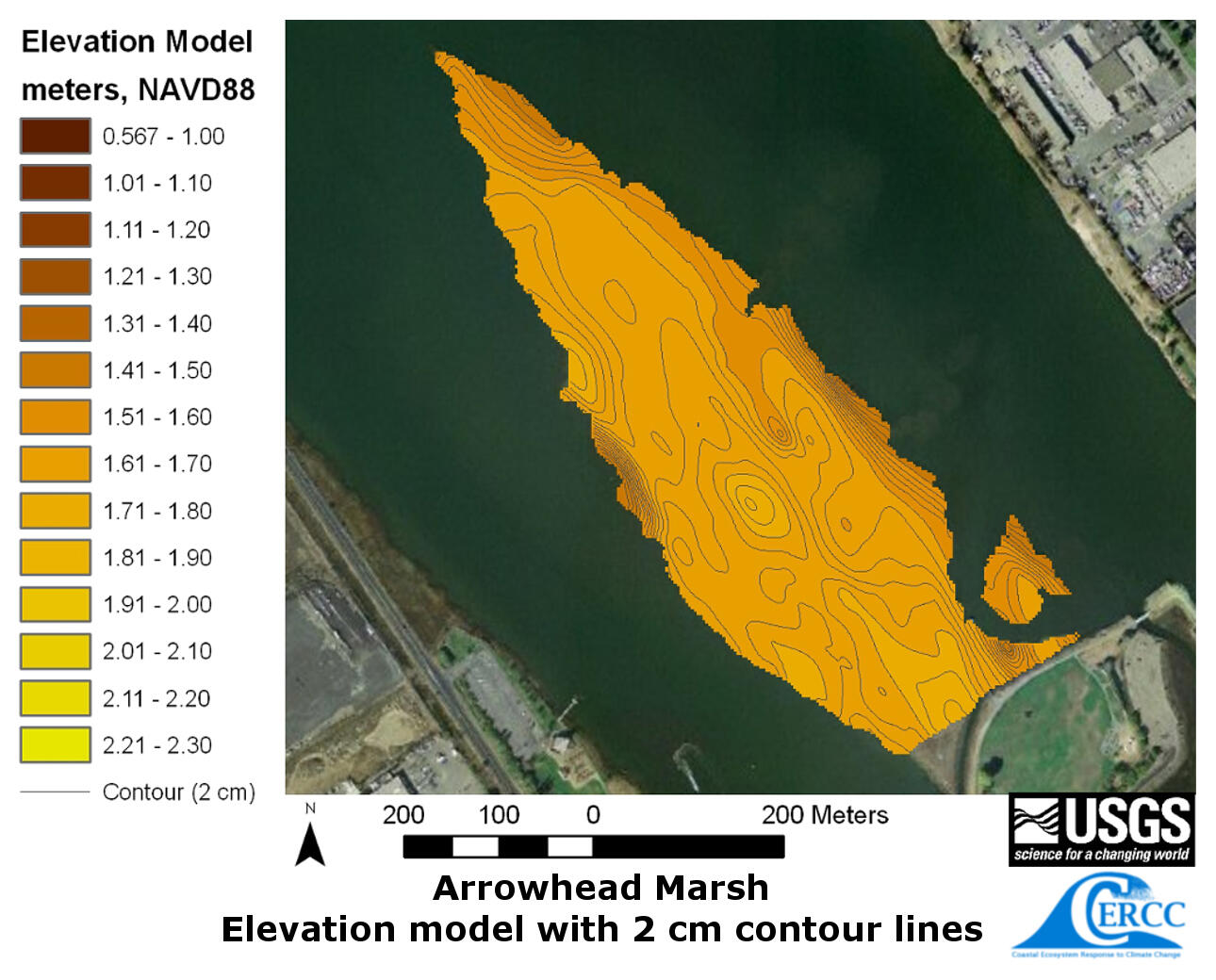 Map of the derived elevation data at Arrowhead Marsh with 2 cm contour lines
