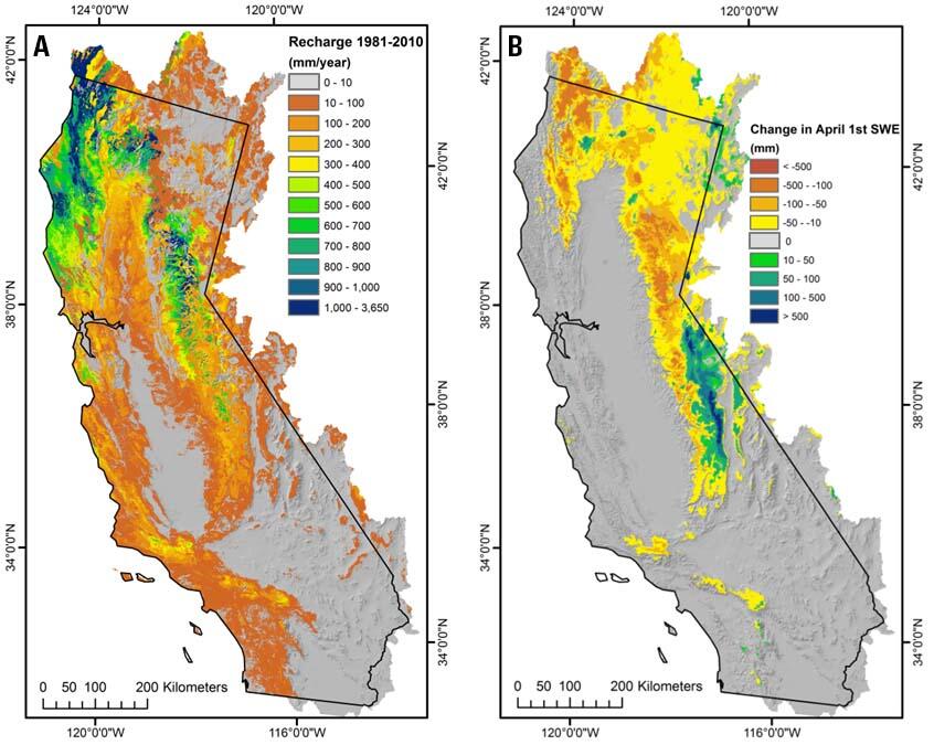 Maps of hydrologic output variables for average recharge and change in average April 1st snow water equivalent