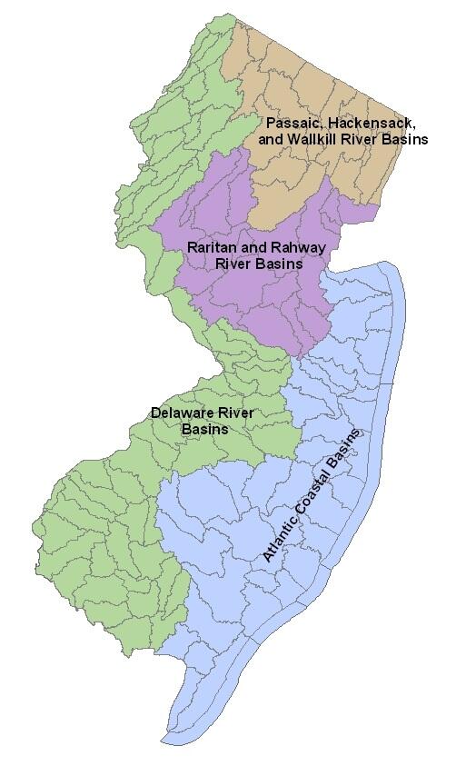 Map of the four major basins in New Jersey