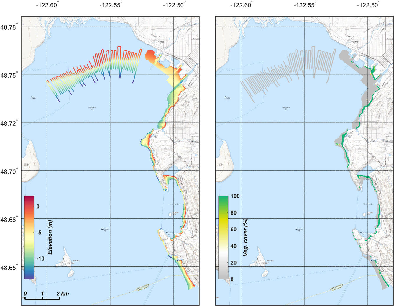 Two maps, one shows bathymetry off the coast and one shows the eelgrass distributions in same location.