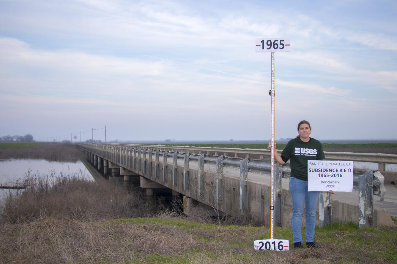 USGS scientist standing with a pole annotated with land-surface elevation marks at given years at bench mark W 990.