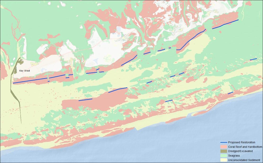 Map of benthic habitats and location of theoretical coral reef restoration