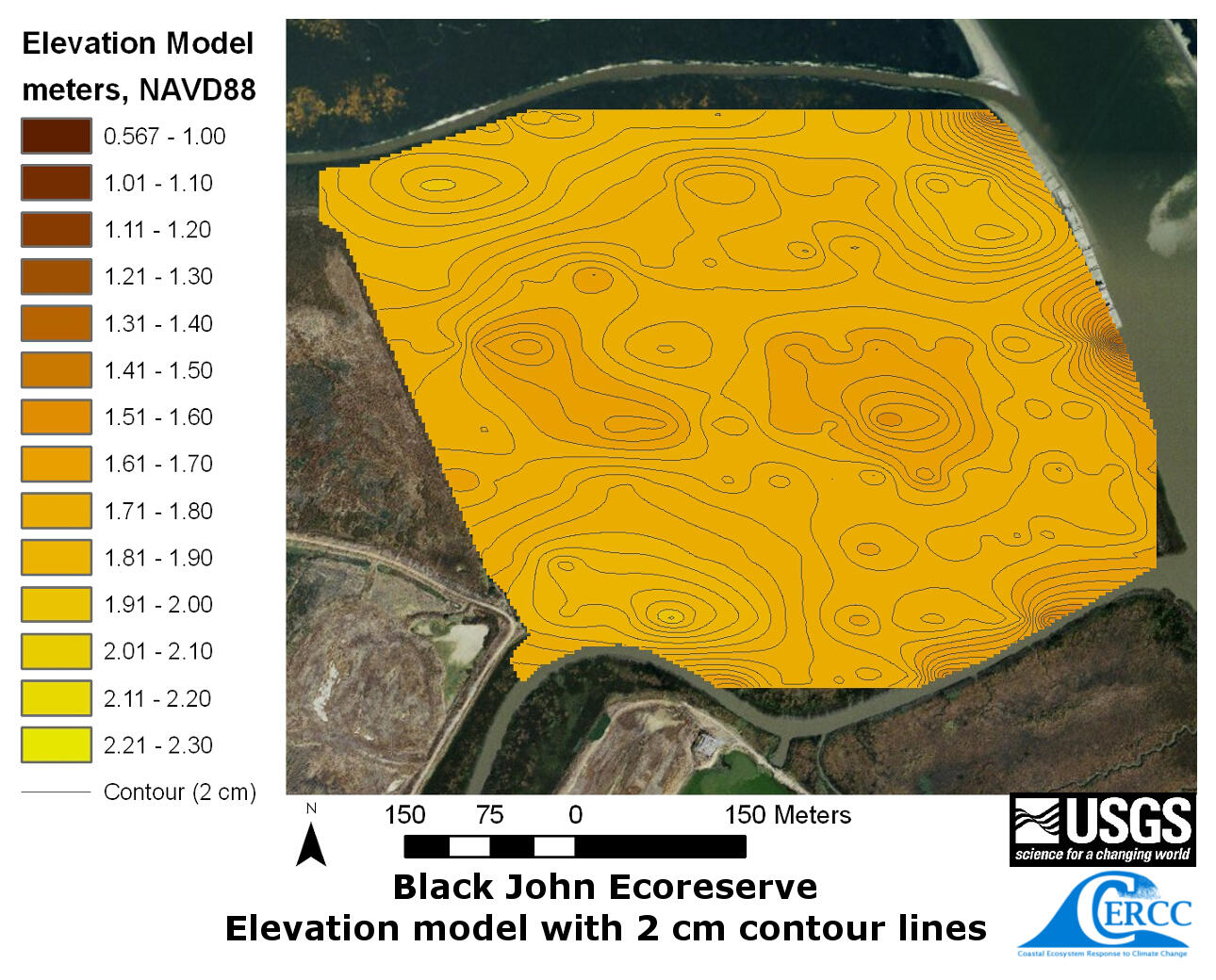 WERC Map of the derived elevation data at Black John Marsh with 2 cm contour lines