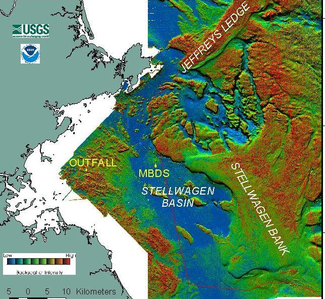 Map of backscatter intensity and shaded relief of the region offshore Boston, MA