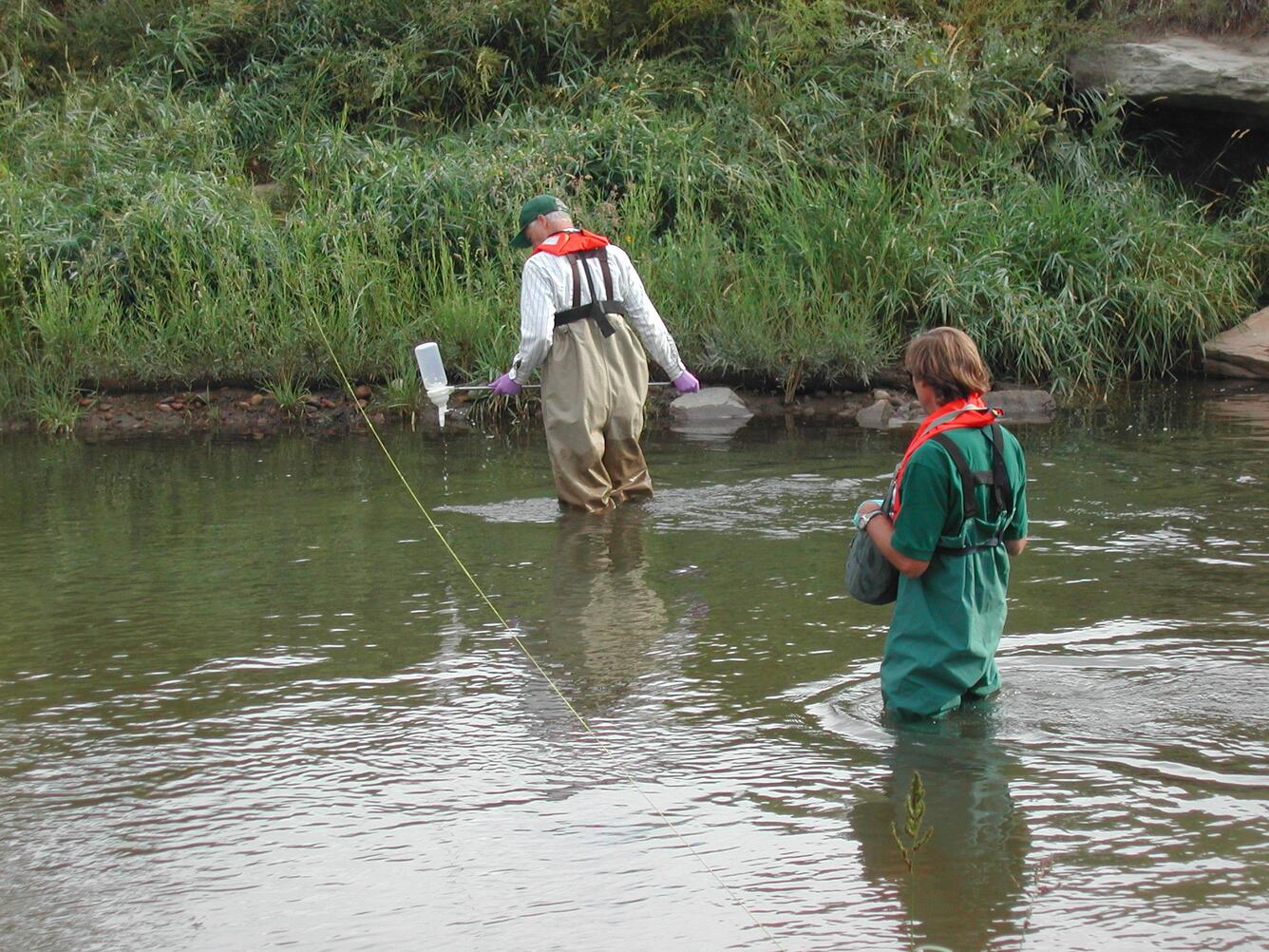 USGS scientists collecting water-quality samples for the analysis of emerging contaminants, Boulder Creek, Colorado