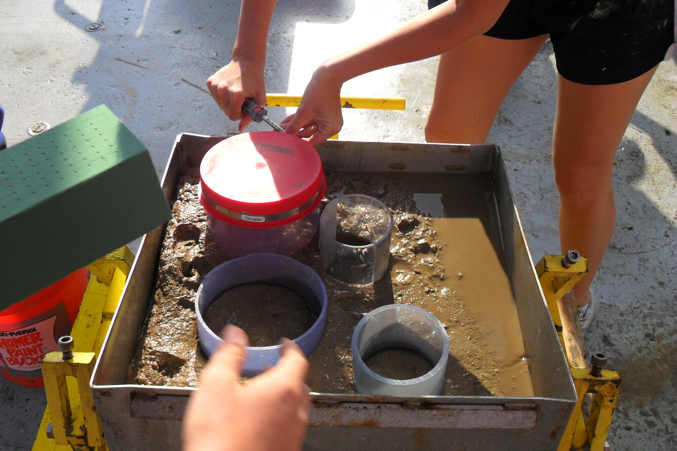 Photo of subcore tubes inserted into mud before they are removed