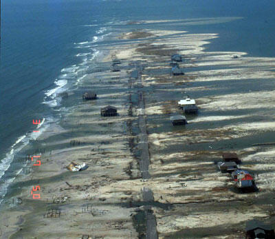 Dramatic shoreline erosion and large overwash deposits along Dauphin Island during Hurricane Katrina (2005) demonstrate classic 