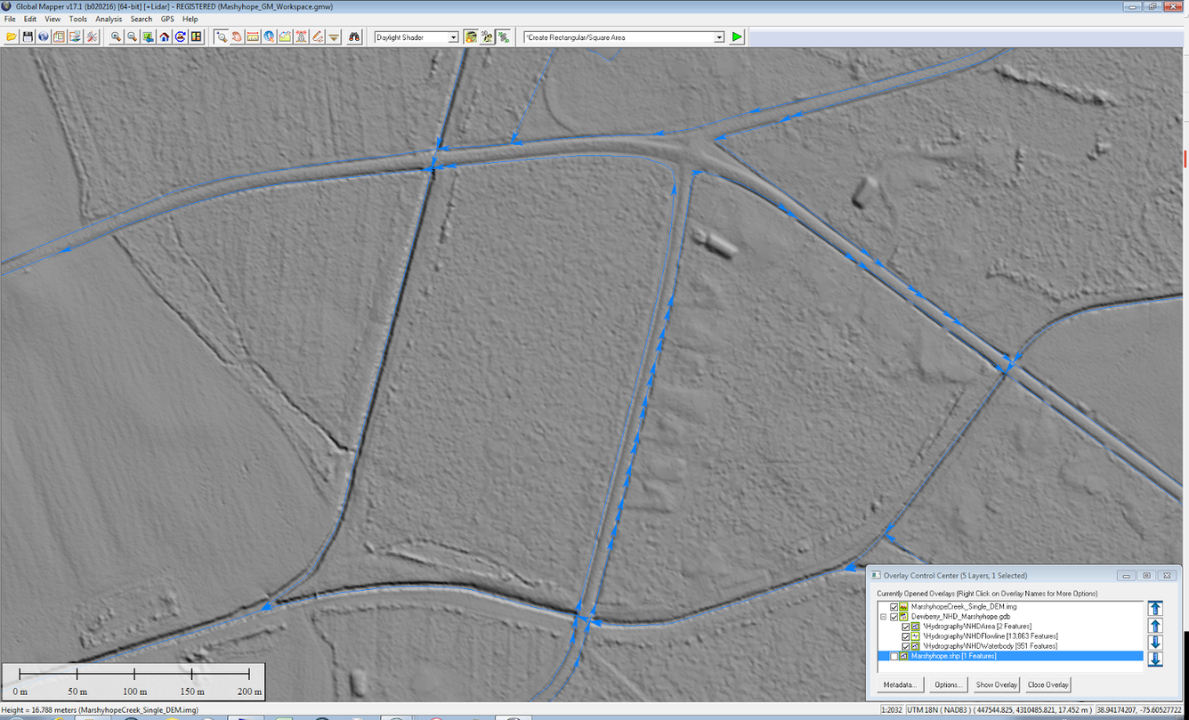 Elevation derived hydrography breakline error example