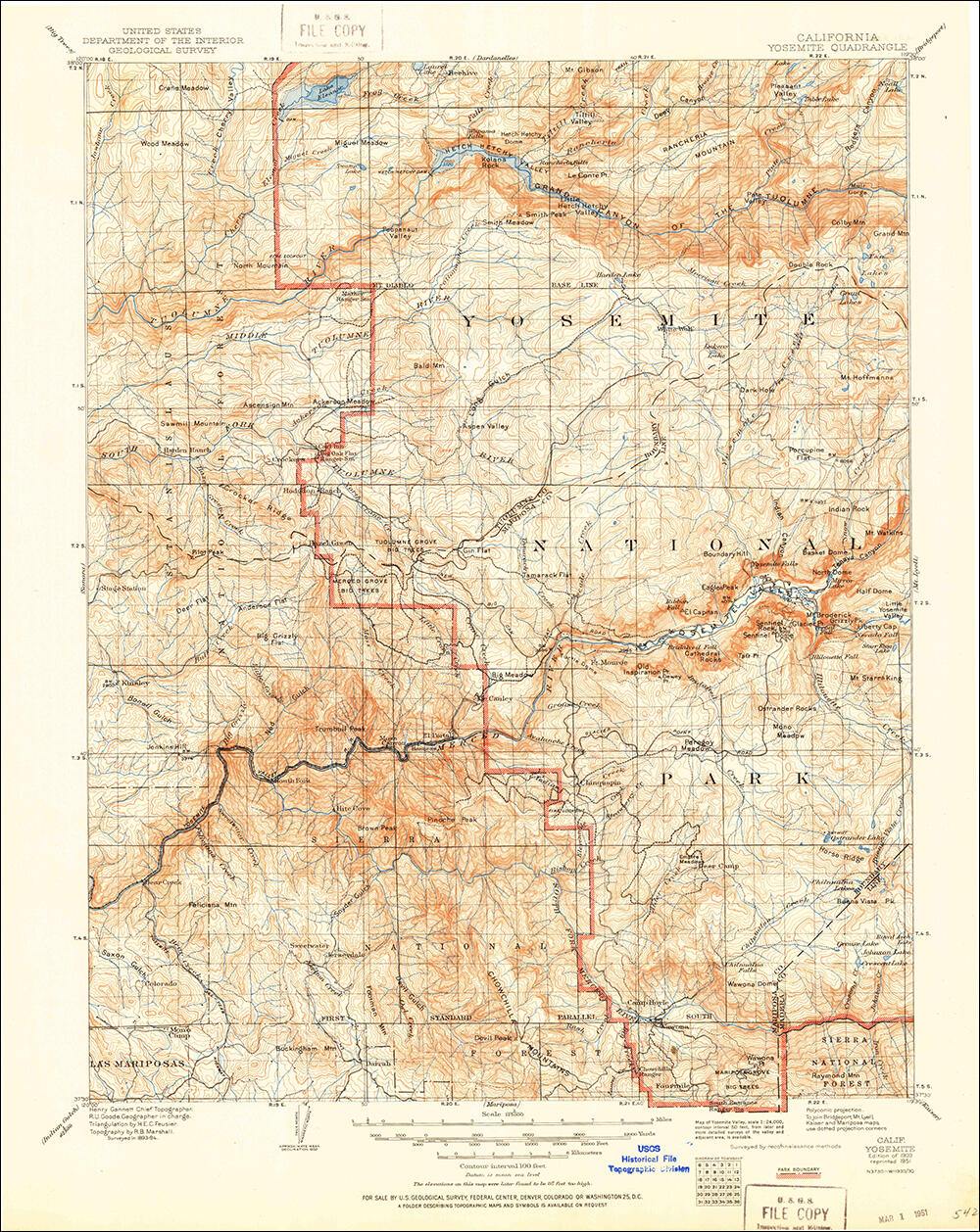 Scan of the 1909 USGS quadrangle of the Yosemite, California area, to include El Capitan, from the USGS Historic Topographic Map