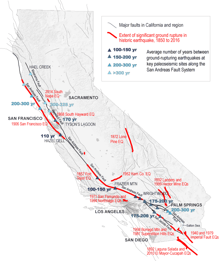 Map of historic California seismicity and activity of San Andreas Fault System