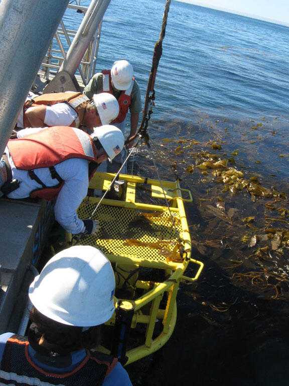 People wearing safety gear lean over the gunwale of a ship to help guide a large metal frame holding instruments.