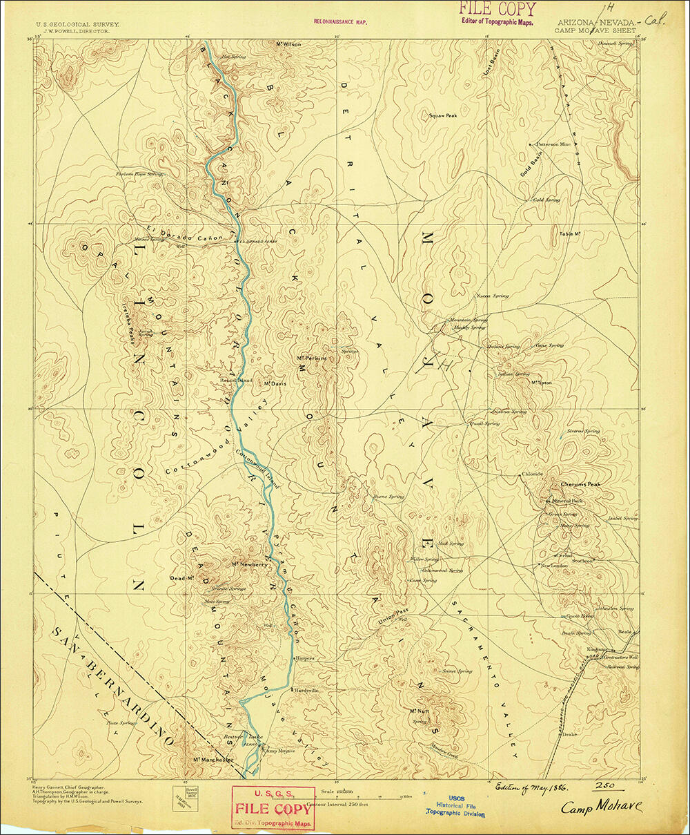 Vintage 1886 quadrangle covering the Boulder City, Nevada and Camp Majove, Arizona area