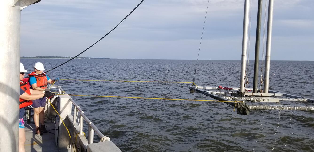 Two scientists on board a research vessel at sea pull a marine coring device onboard. 