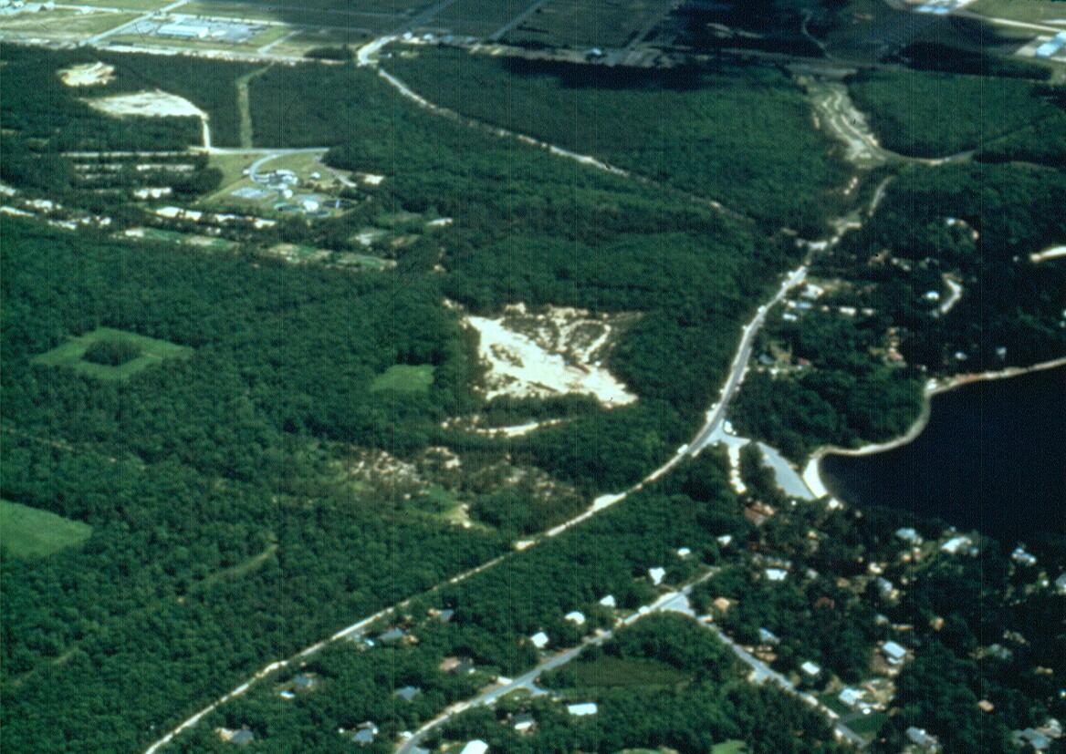 Areal view of the sewage disposal beds and the gravel pit with the tracer test sampling array on Cape Cod, Massachusetts.