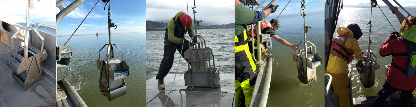 A collection of five photographs showing a device called a box corer in use on boats with crew handling the device.