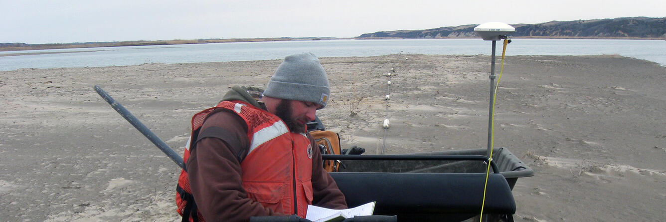 Geophysical data being collected with the OhmMapper in the Lewis and Clark lake delta