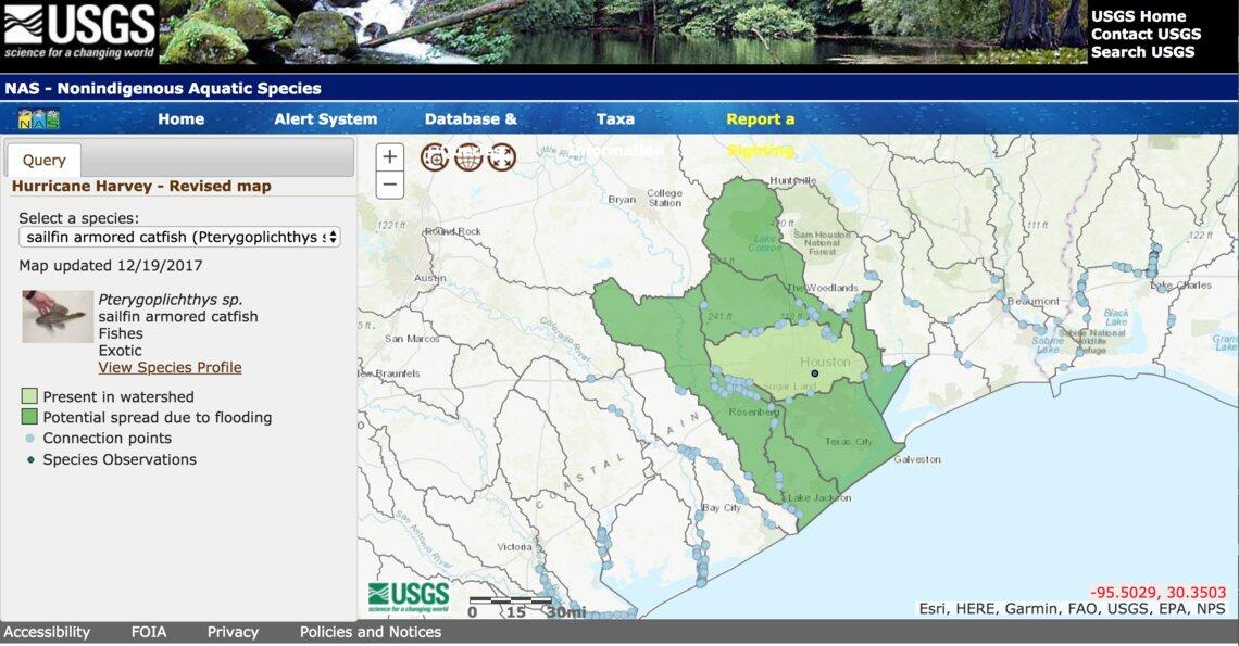 The Flood and Storm Tracker maps the potential spread of aquatic non-native species due to hurricane-related flooding.