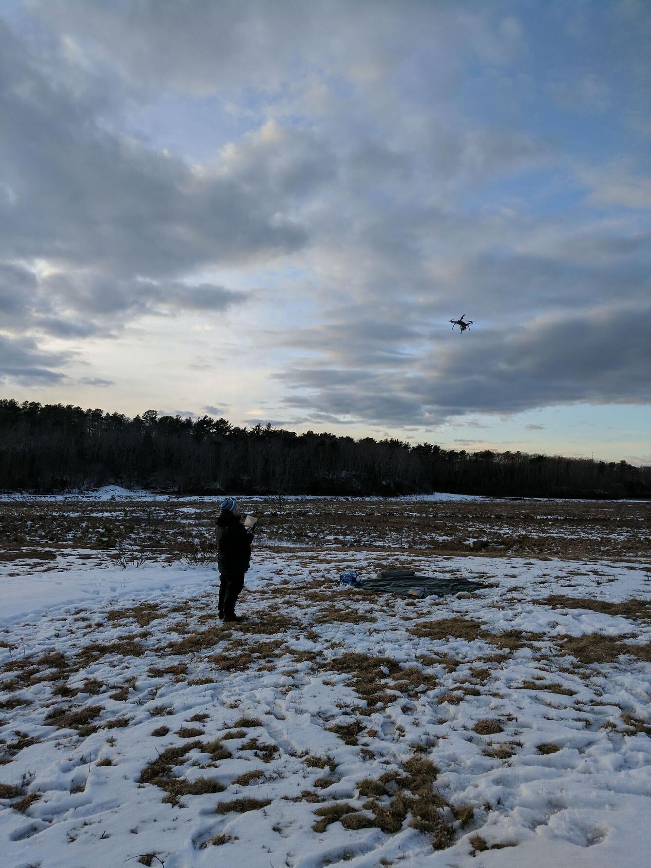 Person operating drone in snowy wetlands