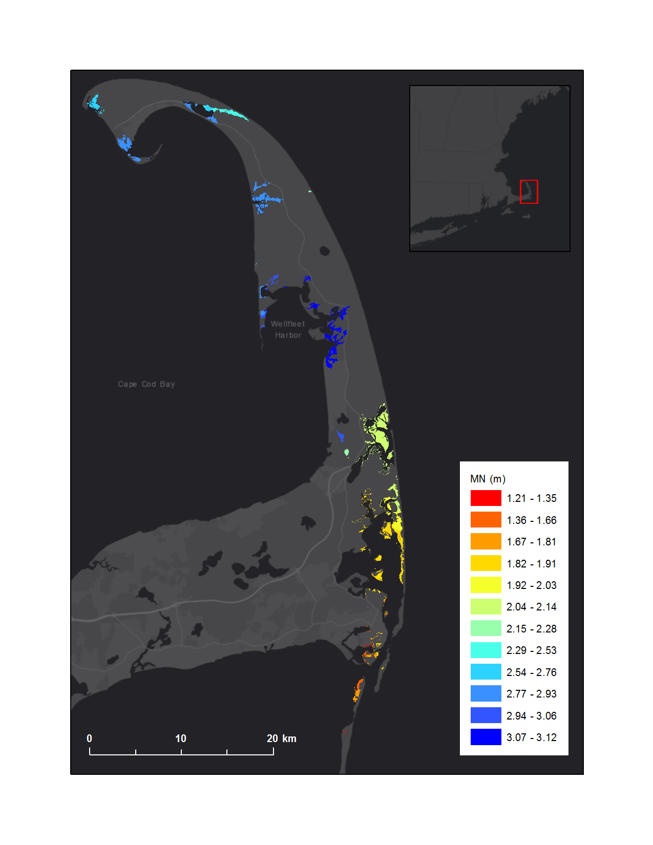Graphic that shows mean tidal range in marsh units of Cape Cod National Seashore salt marsh complex
