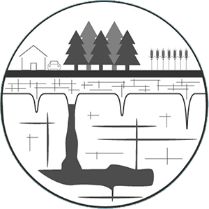 Black and white logo showing sketch of surface level and different underlying rock strata including a confined aquifer
