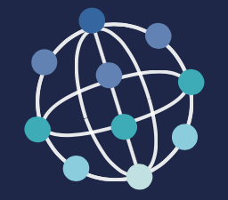 Digital graphic of a sphere composed of grey lines and blue circles.