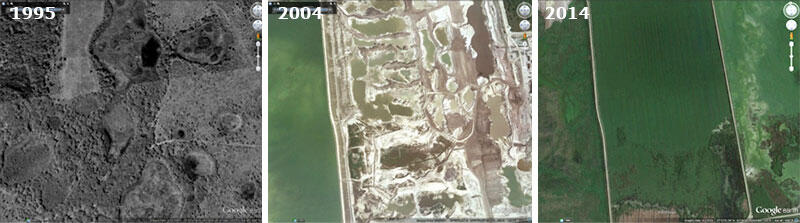 comparison photos from 1995, 2004, and 2014 of wetland recovery in Central Florida