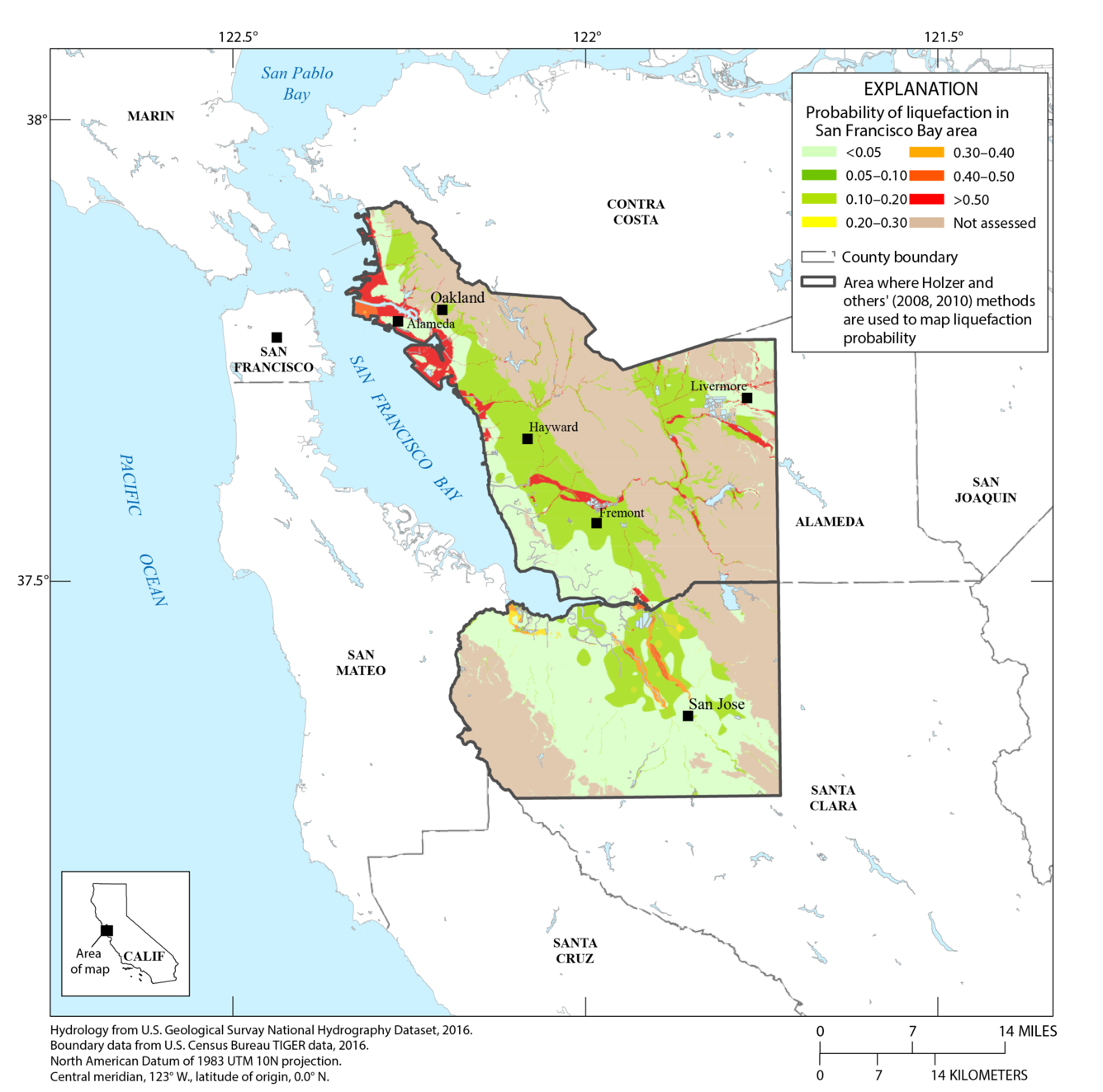 Map of the San Francisco region with liquefaction probabilities