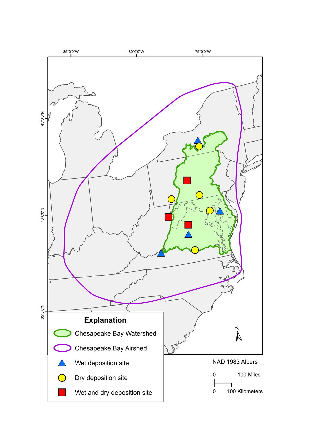 Map showing the Chesapeake Bay watershed, and the Chesapeake airshed