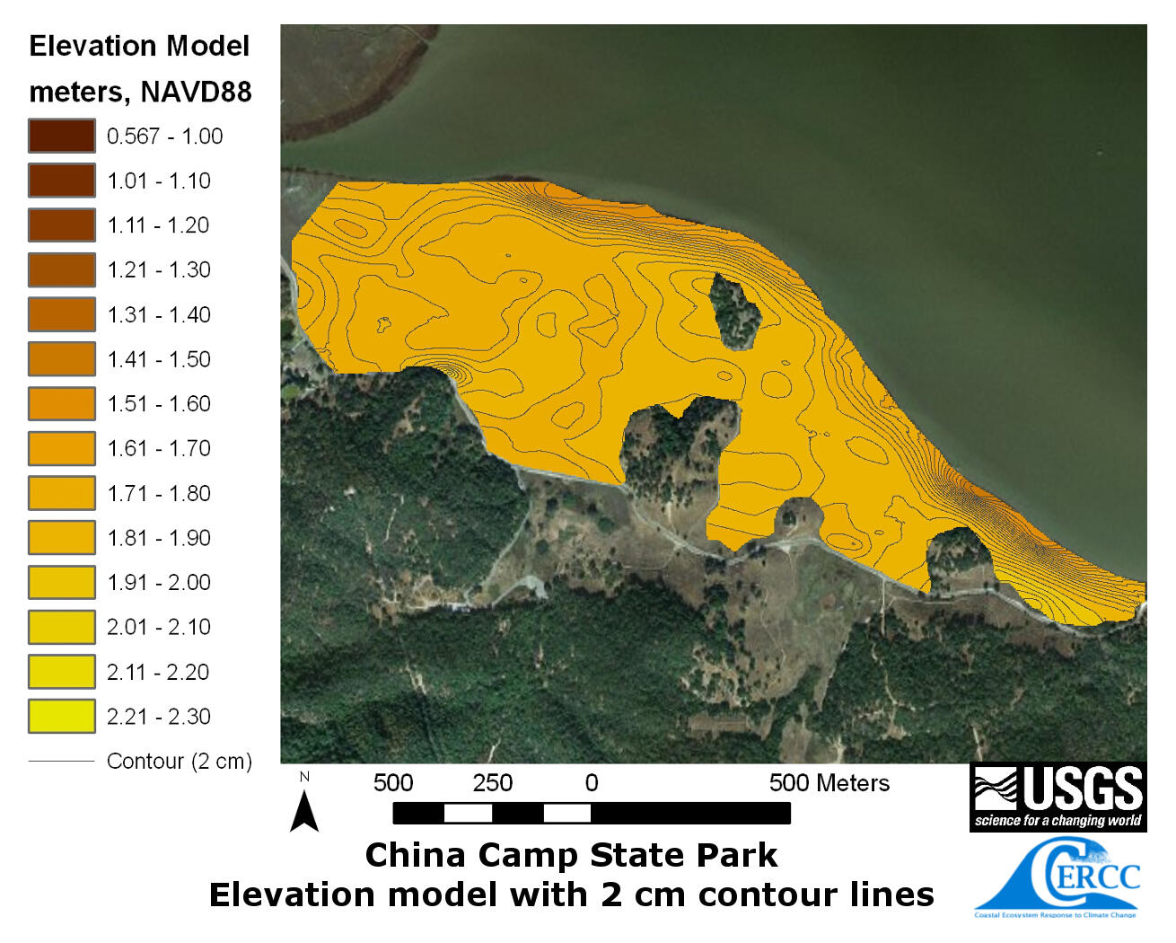 Map of the derived elevation data at China Camp Marsh with 2 cm contour lines