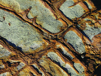 Iron oxide (reddish brown color) is present in cracks in rocks