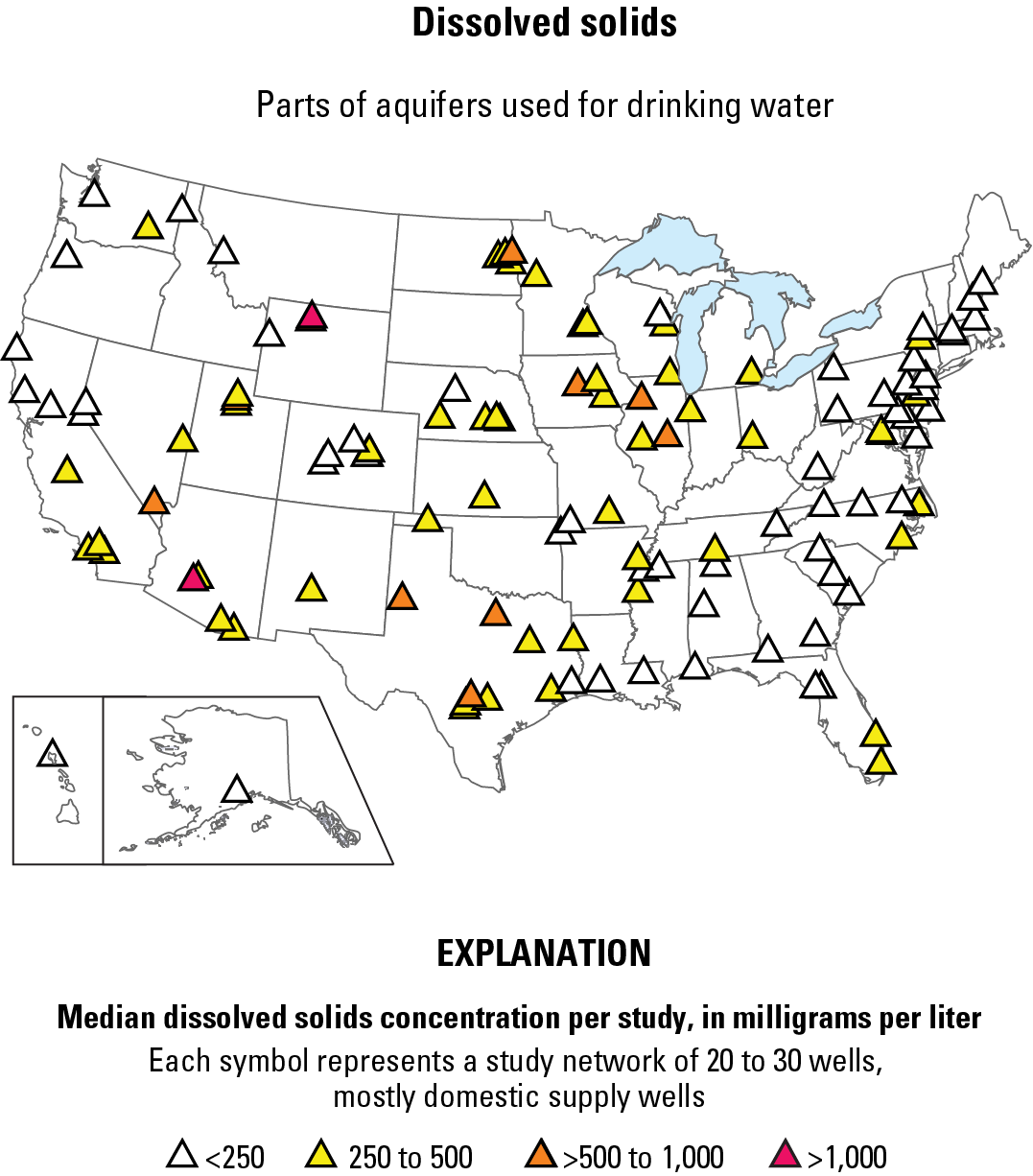 Dissolved solids concentration in US aquifers used for drinking water.